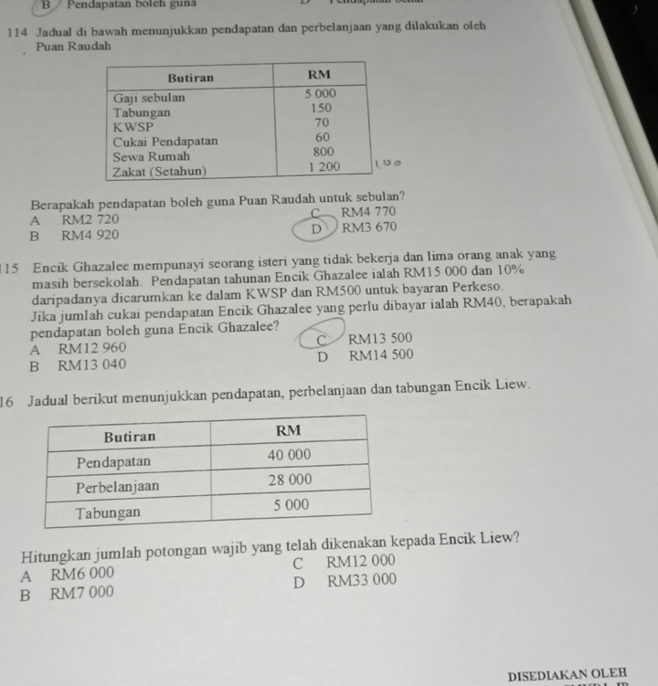 Pendapatan boleh gun
114 Jadual di bawah menunjukkan pendapatan dan perbelanjaan yang dilakukan oleh
Puan Raudah
Berapakah pendapatan boleh guna Puan Raudah untuk sebulan?
C
A RM2 720 RM4 770
B RM4 920 D RM3 670
15 Encik Ghazalee mempunayi seorang isteri yang tidak bekerja dan lima orang anak yang
masih bersekolah. Pendapatan tahunan Encik Ghazalee ialah RM15 000 dan 10%
daripadanya dicarumkan ke dalam KWSP dan RM500 untuk bayaran Perkeso.
Jika jumlah cukai pendapatan Encik Ghazalee yang perlu dibayar ialah RM40, berapakah
pendapatan boleh guna Encik Ghazalee?
A RM12 960 C RM13 500
B RM13 040 D RM14 500
16 Jadual berikut menunjukkan pendapatan, perbelanjaan dan tabungan Encik Liew.
Hitungkan jumlah potongan wajib yang telah dikenakan kepada Encik Liew?
A RM6 000 C RM12 000
B RM7 000 D RM33 000
DISEDIAKAN OLEH