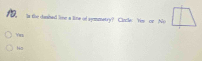 Is the dashed line a line of symmetry? Circle: Yes or No
Yes
No