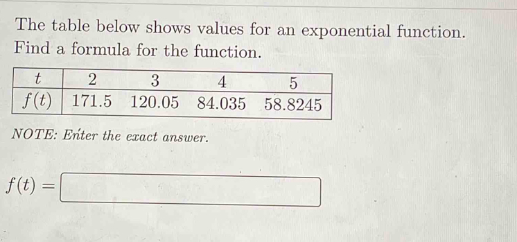 The table below shows values for an exponential function.
Find a formula for the function.
NOTE: Enter the exact answer.
f(t)=□