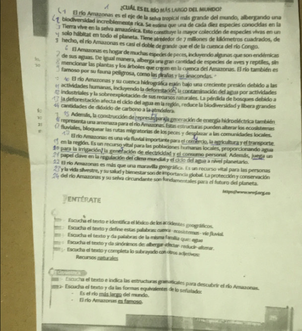 A ¿CUÁL es el río más largo del mundo?
1 El río Amazonas es el eje de la selva tropical más grande del mundo, albergando una
biodiversidad increiblemente rica. Se estima que una de cada diez especies conocidas en la
: Tierra vive en la selva amazónica. Esto constituye la mayor colección de especies vivas en un
solo hábitat en todo el planeta. Tiene alrededor de 7 millones de kilómetros cuadrados, de
5 hecho, el río Amazonas es casi el doble de grande que el de la cuenca del río Congo.
El Amazonas es hogar de muchas espedes de peces, incluyendo algunas que son endémicas
de sus aguas. De igual manera, alberga una gran cantidad de especies de aves y reptiles, sin
5n, mencionar las plantas y los árboles que crecen en la cuenca del Amazonas. El río también es
30
famoso por su fauna peligrosa, como las pirañas y las anacondas.'
. A El río Amazonas y su cuenca hidrográfica esión bajo una creciente presión debido a las
actividades humanas, incluyendo la deforestación, la contaminación del agua por actividades
a industriales y la sobreexplotación de sus recursos naturales. La pérdida de bosques debido a
1 la deforestación afecta el ciclo del agua en la región, reduce la biodiversidad y libera grandes
44 cantidades de dióxido de carbono a la atmósfera.
15. Además, la construcción de represas paraja generación de energía hidroeléctrica también
10  representa una amenaza para el río Amazonas. Estas estructuras pueden alterar los ecosistemas
1  fluviales, biloquear las rutas migratorías de lospeces y desplazar a las comunidades locales.
r
El río Amazonas es una vía fluvial importante para el comercio, la agricultura y el transporte.
 en la región. Es un recurso vital para las poblaciones humanas locales, proporcionando agua
10 para la irrigación, la generación de electricidad y el consumo personal. Además, juega un
papel clave en la regulación del clima mundial y el ciclo del agua a nível planetario.
22 El río Amazonas es más que una maravilla geográfica. Es un recurso vital para las personas
23 y la vida silvestre, y su saiud y bienestar son de importancia global. La protección y conservación
2 del río Amazonas y su selva circundante son fundamentales para el futuro del planeta.
https://www.wwforg.co
entérate
Escucha el texto e identifica el léxico de losaccidentes geográficos.
Escucha el texto y define estas palabras: cuenca- ecosistemas- vía fluvial.
Escucha el texto y da palabras de la misma familia que: agua
Escucha el texto y da sinónimos de: alberjar-afectar- reducir alterar.
5 - Escucha el texto y completa lo subrayado con otros adjetivos:
Recursos naturales
     
. Escucha el texto e indica las estructuras gramaticales para descubrir el río Amazonas.
1 2- Escucha el texto y da las formas equivalentes de lo señialado:
Es el río más largo del mundo.
El río Amazonas es famoso.