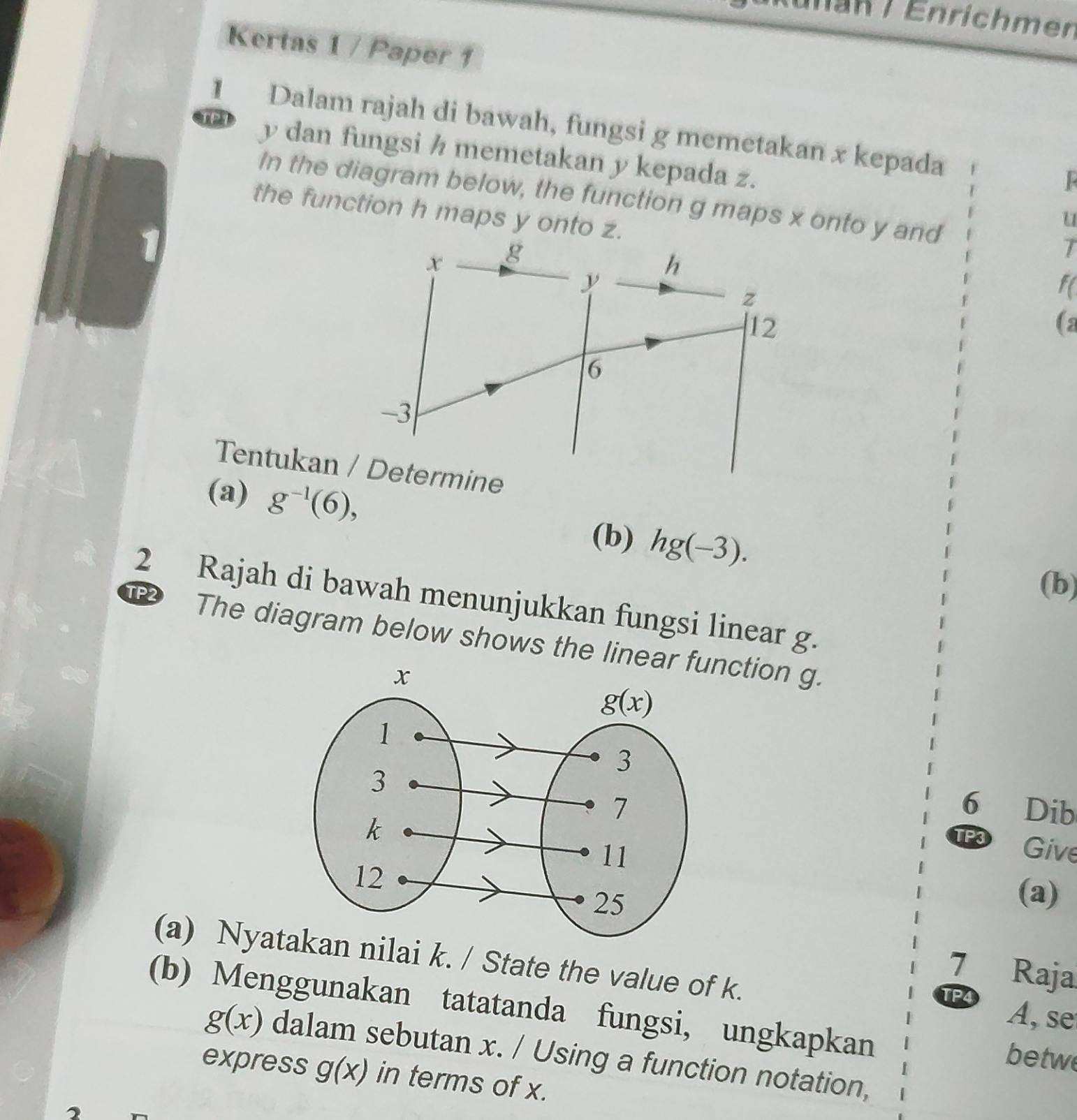 an / Enrichmen
Kertas 1 / Paper 1
1 Dalam rajah di bawah, fungsi g memetakan x kepada
TPT y dan fungsi h memetakan y kepada z.
In the diagram below, the function g maps x onto y and T
the function h maps y onto z.
u
f(
(a
(a) g^(-1)(6),
(b) hg(-3).
(b)
2 Rajah di bawah menunjukkan fungsi linear g.
TP2 The diagram below shows the linenction g.
6 Dib
TP③
Give
(a)
(a) Nyatn nilai k. / State the value of k. A, se
7 Raja
TP4
(b) Menggunakan tatatanda fungsi, ungkapkan
g(x) dalam sebutan x. / Using a function notation,
betw
express g(x) in terms of x.