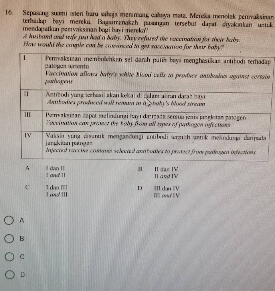 Sepasang suami isteri baru sahaja menimang cahaya mata. Mereka menolak pemvaksinan
terhadap bayi mereka. Bagaimanakah pasangan tersebut dapat diyakinkan untuk
mendapatkan pemvaksinan bagi bayi mereka?
A husband and wife just had a baby. They refused the vaccination for their baby.
How would the couple can be convinced to get vaccination for their baby?
p
n
A I dan II B II dan IV
I and II I and IV
C I dan III D III dan IV
 and III II and ⅣV
A
B
C
D