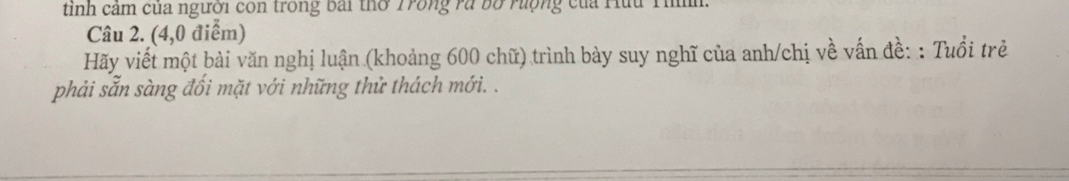 tinh cảm của người còn trong bài thờ Trong rà bố rượng của Hữu Th. 
Câu 2. (4,0 điểm) 
Hãy viết một bài văn nghị luận (khoảng 600 chữ) trình bày suy nghĩ của anh/chị về vấn đề: : Tuổi trẻ 
phải sẵn sàng đối mặt với những thử thách mới. .