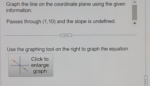 Graph the line on the coordinate plane using the given 
information. 
Passes through (1,10) and the slope is undefined. 
Use the graphing tool on the right to graph the equation. 
Click to 
enlarge 
graph