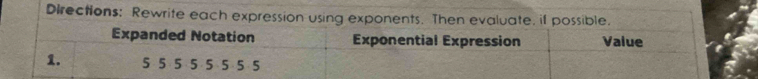 Directions: Rewrite each expression using exponents. Then evaluate, if possible. 
Expanded Notation Exponential Expression Value
1. 5 5 5 5 5 5 5 5