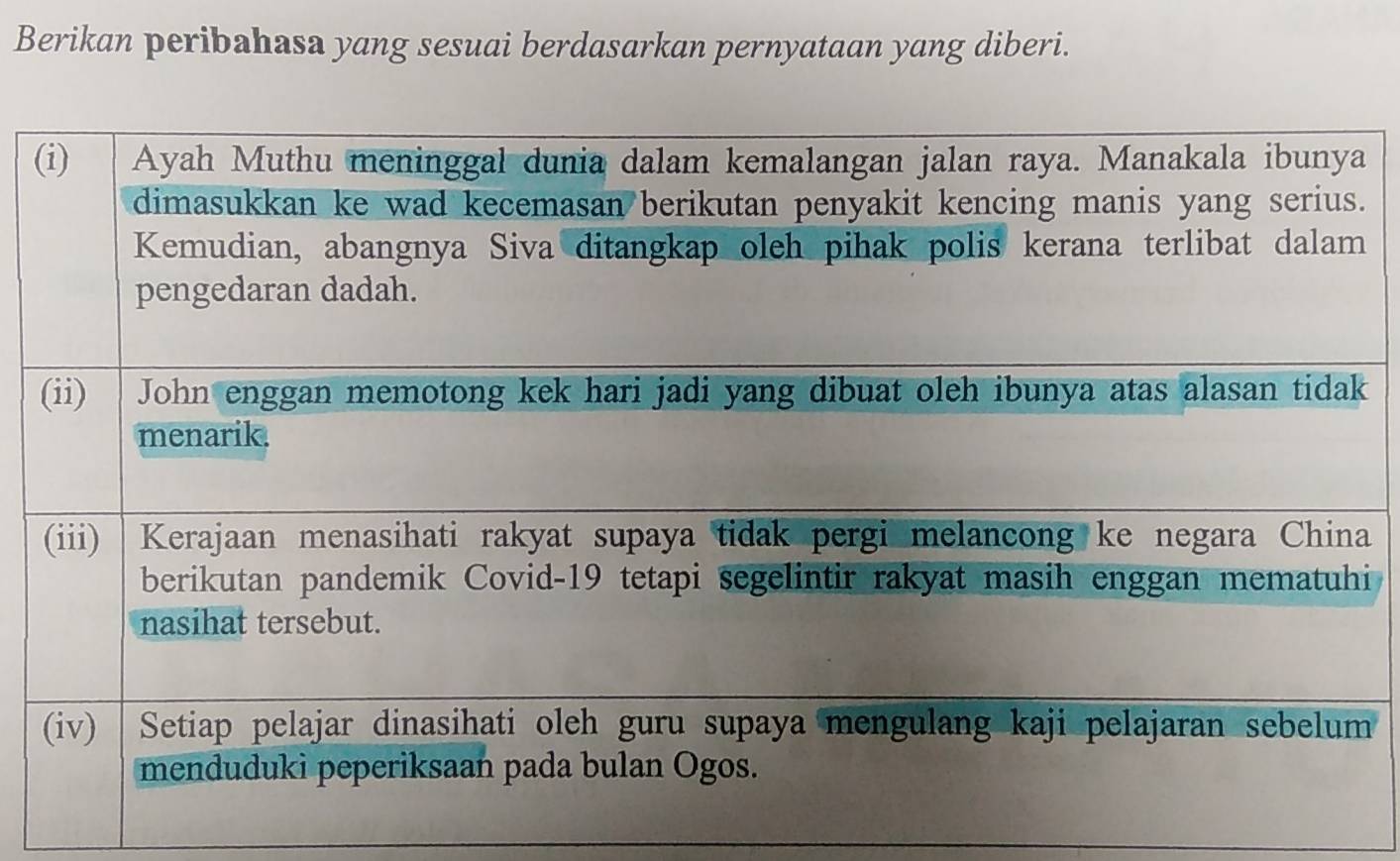 Berikan peribahasa yang sesuai berdasarkan pernyataan yang diberi. 
( 
. 
a 
i