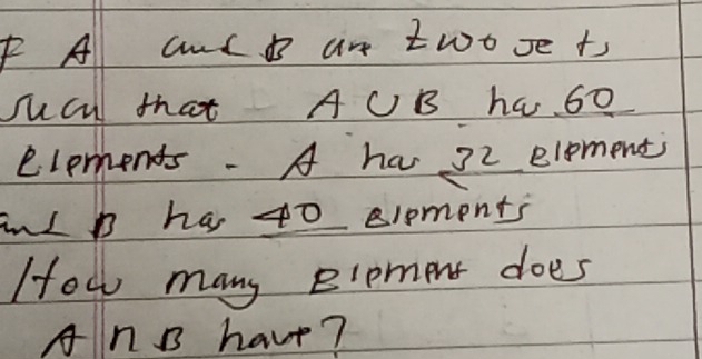 A CNC B aH tWo Je + 
sucu that AUB ha 60
elerents. A has 22 element 
wnl h ha to eloments 
How many elpment does 
An B have?