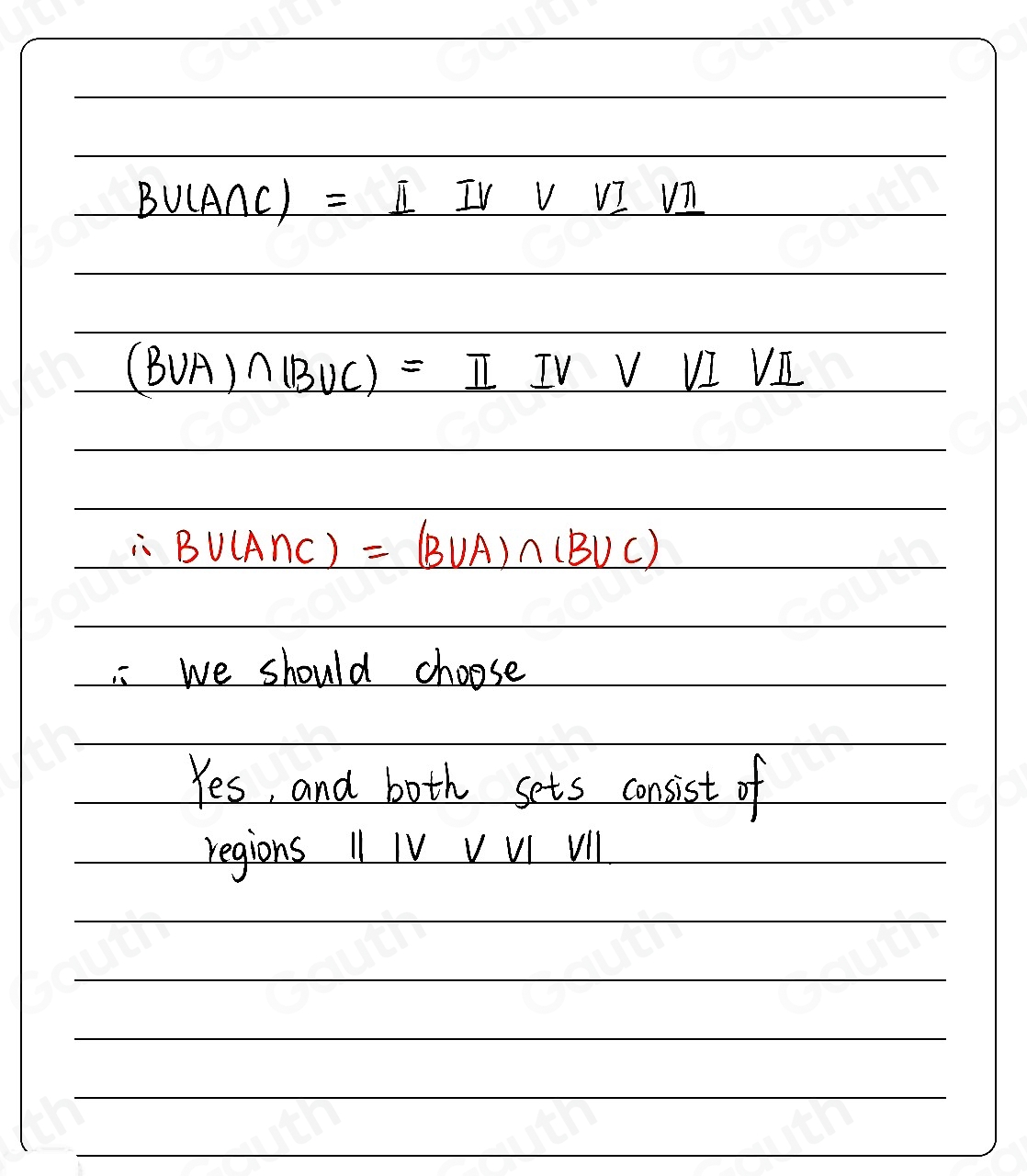 Solved: Use the Venn diagram below to determine if B∪ (A∩ C)=(B∪ A)∩ (B ...