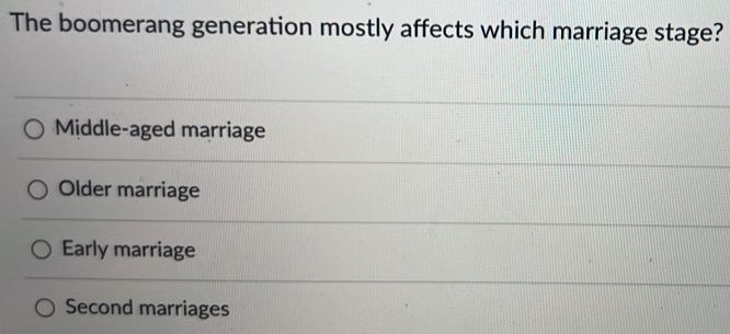 The boomerang generation mostly affects which marriage stage?
Middle-aged marriage
Older marriage
Early marriage
Second marriages