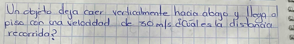 Unobeto deya caer verdicalmente hacin abgo y llegg a 
piso con ana velocidad de 30m/s vales la distancia 
recorrida?