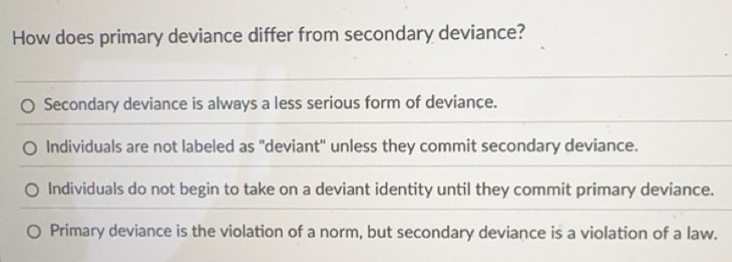 Solved: How does primary deviance differ from secondary deviance ...