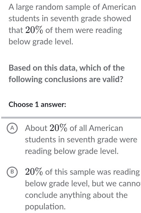 A large random sample of American
students in seventh grade showed
that 20% of them were reading
below grade level.
Based on this data, which of the
following conclusions are valid?
Choose 1 answer:
A About 20% of all American
students in seventh grade were
reading below grade level.
B) 20% of this sample was reading
below grade level, but we canno
conclude anything about the
population.