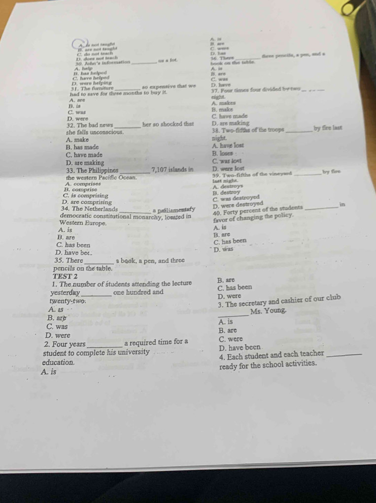 A. 1s
D. are not taunglst A Às nột teut B. are C. were
D. does no teach C. do not teach D. has
A. help 30. John's information_ us s lot. book on the table. 36. Thers three pencits, a pen, and s
A. is
C. have helped B. has helped B. are
D. were helping C. was
31. The furniture so expensive that we D. have
had to save for three months to buy it. 37. Four times four divided by two_
A. are eight.
B. is A. makes
C. was B. make
D. were C. have made
32. The bad news her so shocked that D. are making
she falls unconscious. 38. Two-fifths of the troops _by fire last
A. make night.
B. has made A. have lost
C. have made B. loses :
D. are making C. was lost
33. The Philippines 7,107 islands in D. were lost
the western Pacific Ocean. 39. Two-fifths of the vineyard _by fire
A. comprises last night.
B. comprise A. destroys
C. is comprising B. destroy
D. are comprising
C. was destroyed
D. were destroyed
34. The Netherlands _a parliamentary
40. Forty percent of the students _in
democratic constitutional monarchy, located in
Western Europe.
favor of changing the policy.
A. is A. is
B. are B. are
C. has been
D. have bec D. was C. has been
35. There_ a book, a pen, and three
pencils on the table.
TEST 2
1. The number of students attending the lecture B. are
yesterday one hundred and C. has been
twenty-two._ D. were
3. The secretary and cashier of our club
_
A. 1s
Ms. Young.
B. are
C. was A. is
D. were B. are
2. Four years a required time for a C. were
student to complete his university D. have been
education. 4. Each student and each teacher_
A. is ready for the school activities.