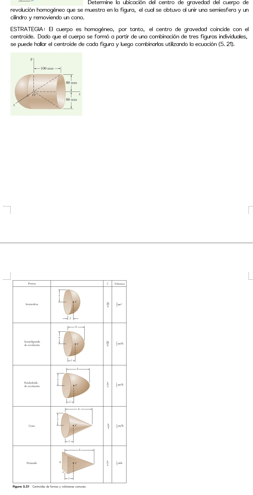Determine la ubicación del centro de gravedad del cuerpo de 
revolución homogéneo que se muestra en la figura, el cual se obtuvo al unir una semiesfera y un 
cilindro y removiendo un cono. 
ESTRATEGIA: El cuerpo es homogéneo, por tanto, el centro de gravedad coincide con el 
centroide. Dado que el cuerpo se formó a partir de una combinación de tres figuras individuales, 
se puede hallar el centroide de cada figura y luego combinarlas utilizando la ecuación (5. 21).
y
60 mm
60 mm
Figura 5,21 Centroides de formas y volúmenes comunes.