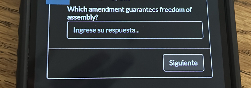 Which amendment guarantees freedom of 
assembly? 
Ingrese su respuesta... 
Siguiente