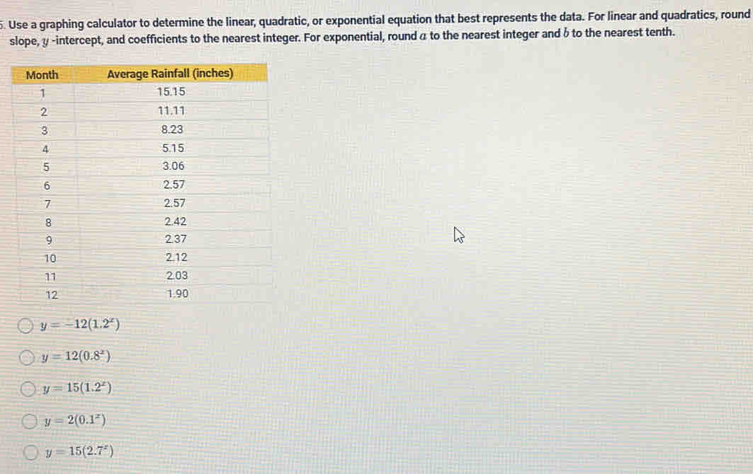 Use a graphing calculator to determine the linear, quadratic, or exponential equation that best represents the data. For linear and quadratics, round
slope, α -intercept, and coefficients to the nearest integer. For exponential, round α to the nearest integer and δto the nearest tenth.
y=-12(1.2^x)
y=12(0.8^x)
y=15(1.2^x)
y=2(0.1^x)
y=15(2.7^x)