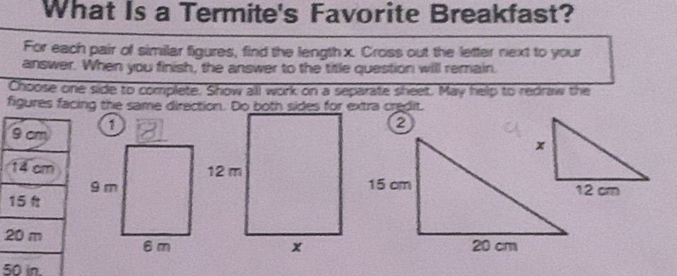 What Is a Termite's Favorite Breakfast? 
For each pair of similar figures, find the lengthx. Cross out the letter next to your 
answer. When you finish, the answer to the title question will remain. 
Choose one side to complete. Show all work on a separate sheet. May help to redraw the 
figures facing the same direction. Do both sides for extra credit. 
2
50 in.