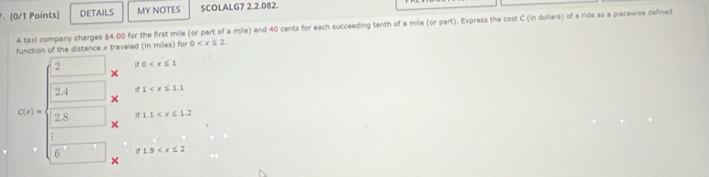 DETAILS MY NOTES SCOLALG7 2.2.082. 
A taxi company charges $4.00 for the first mile (or part of a mile) and 40 cents for each succeeding tenth of a mile (or part). Express the cost C (in dollars) of a ride as a piecewise defined 
function of the distance x traveled (in miles) for 0 . 
2 if 0
if 1
C(x)=  (2.4)/2.8  if1.1
x_1+x_2= 8/4 
_ 
if1.9
×