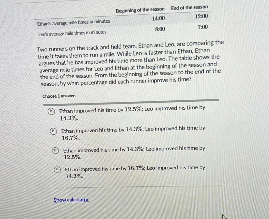 Two runners on the track and field team, Ethan and Leo, are comparing the
time it takes them to run a mile. While Leo is faster than Ethan, Ethan
argues that he has improved his time more than Leo. The table shows the
average mile times for Leo and Ethan at the beginning of the season and
the end of the season. From the beginning of the season to the end of the
season, by what percentage did each runner improve his time?
Choose 1 answer:
a i Ethan improved his time by 12.5%; Leo improved his time by
14.3%.
Ethan improved his time by 14.3%; Leo improved his time by
16.7%.
Ethan improved his time by 14.3%; Leo improved his time by
12.5%.
Ethan improved his time by 16.7%; Leo improved his time by
14.3%.
Show calculator