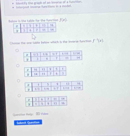 Identify the graph of an inverse of a function.
Interpret inverse functions in a model.
Below is the table for the function f(x).
Choose the one table below which is the inverse function f^(-1)(x).
Question Help: Video
Submit Question