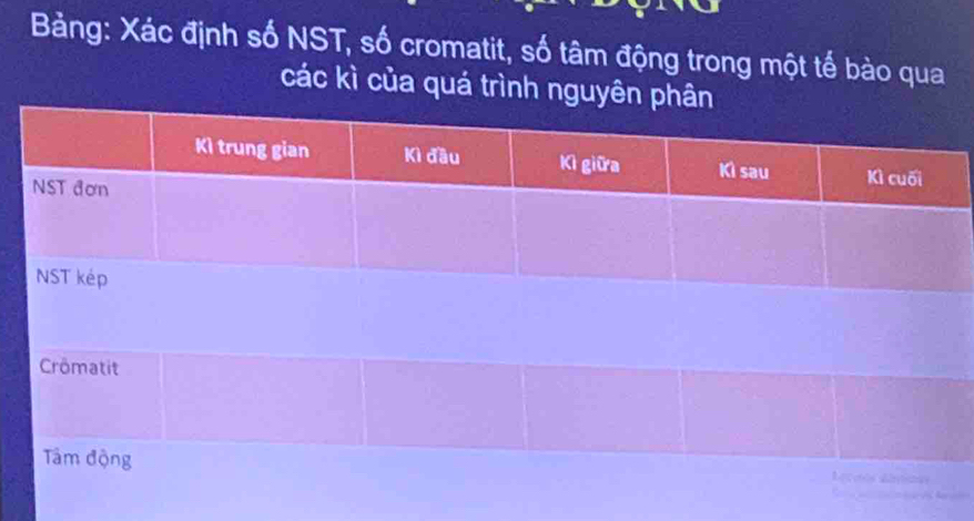 Bảng: Xác định số NST, số cromatit, số tâm động trong một tế bào qua 
các kì của quá trình