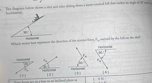 The diagram below shows a sled and rider sliding down a snow-covered hill that makes an angle of 30° with the
Which vector best represents the direction of the normal force, F_N , exerted by the hill on the sled?
Horizontal
60.^circ 
Horizontal F_N F_N
30°
30.^circ 
F_N Horizontal
(1) (2)( 4 )
7Thre forces act on a box on an inclined plane as 1. 0 N