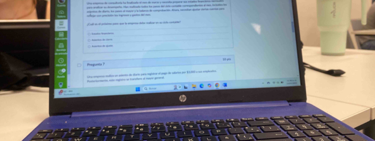 na coprona de consultoria la finalicado el mue de marzo y cocesta proparar sn estado fnaro 
pars eraficar nu desempeho. Han realizado todos los pass del crlo contable compondiantes al mes, includos lo 
epetos de dario, los passes al muvor y la batanca de comprobación. Ahura, necansian ajustar cleran cuenias pera 
refeje con prociión los ingraon y gotos del mes. 
¿Cull es el priaèmo paso que la empresa debe nalizar en su ciclo contalde? 
Estados francieos 
Apartion de (berre 
rtco de qulo 
Pregunta 7 10 pts 
Una empresa realiza un asiento de diario para registrar el pago de salarios por $3.000 a sus empleados. 
Posteriormente, este registro se branshore al mayor general 
to