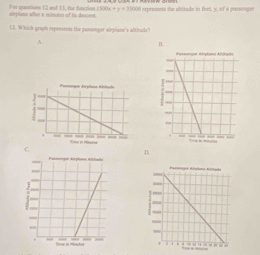 Shits 5,4,5 DSA #T Review Sheet
For questions 12 and 13, the function 1500x+y=35000 represents the altitude in feet, y, of a passenger
airplane after x minutes of its descent.
12. Which graph represents the passenger airplane’s altitude?
A.
B.
C.
D.