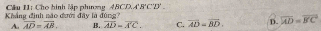 Cho hình lập phương ABCD. A'B'C'D'. 
Khẳng định nào dưới đây là đúng?
A. overline AD=overline AB. B. vector AD=vector A'C. C. overline AD=overline BD.
D. overleftrightarrow AD=overline B'C'