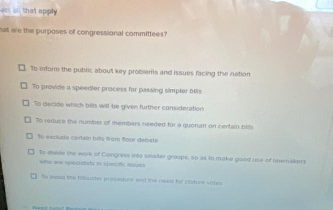 Solved: ect all that apply hat are the purposes of congressional ...