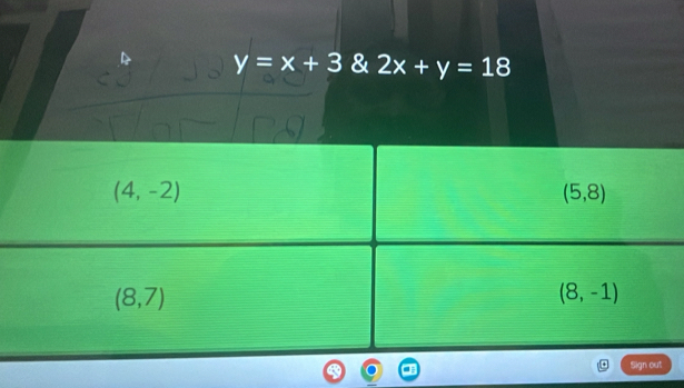 y=x+3 2x+y=18
(4,-2)
(5,8)
(8,7)
(8,-1)
Sign out