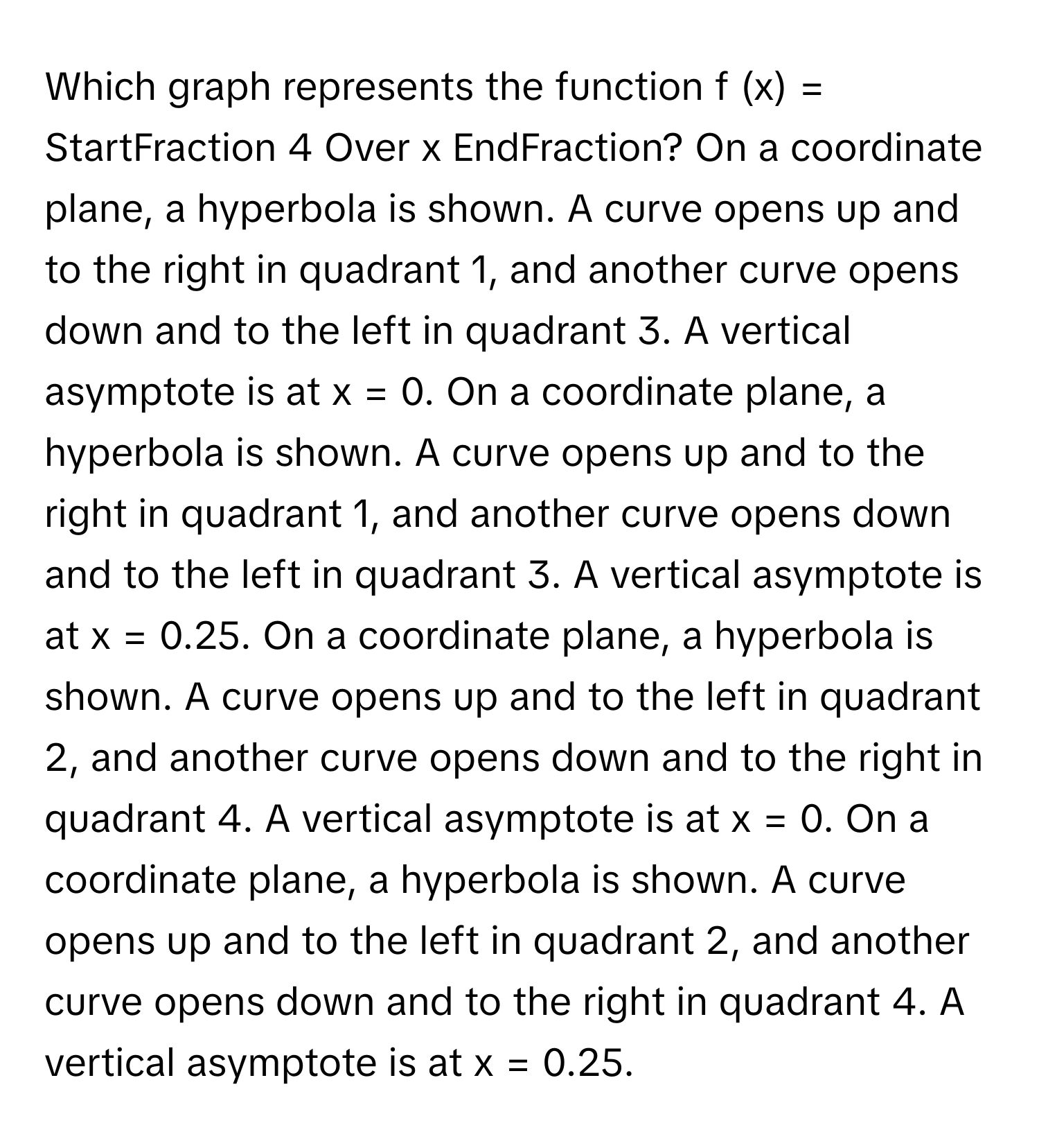 Solved: Which graph represents the function f (x) = StartFraction 4 ...