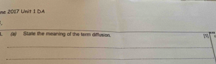 ne 2017 Unit 1 DA 
_ 
. (a) State the meaning of the term diffusion. e 
[1] 
_ 
_