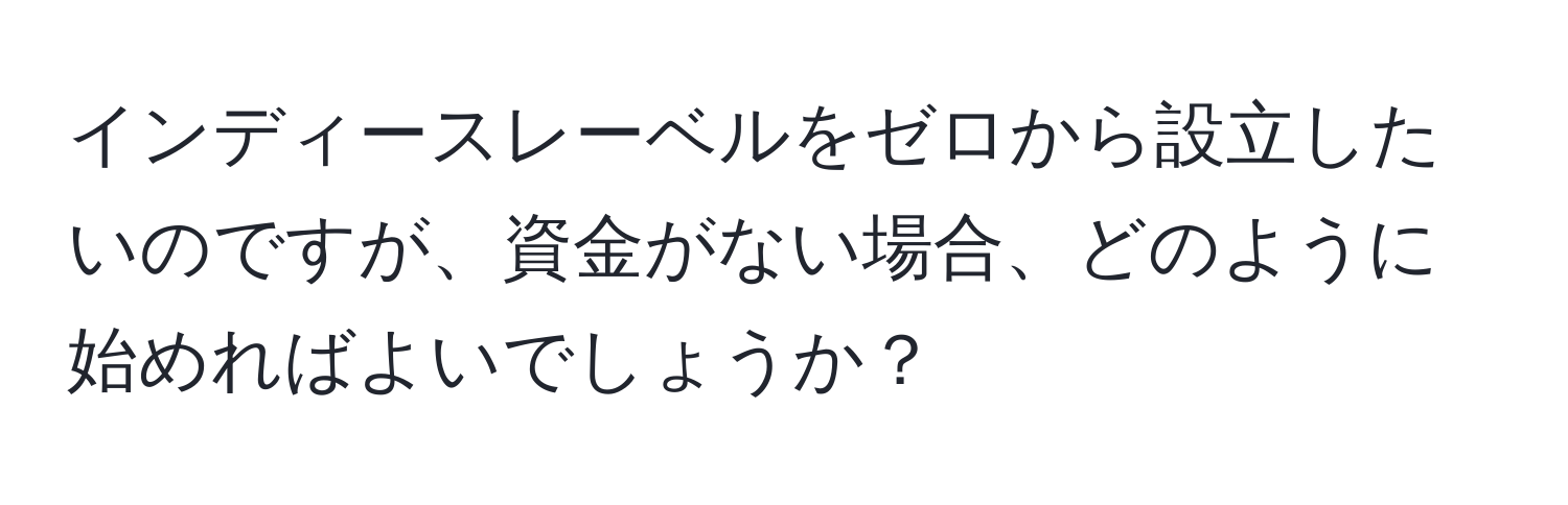 インディースレーベルをゼロから設立したいのですが、資金がない場合、どのように始めればよいでしょうか？