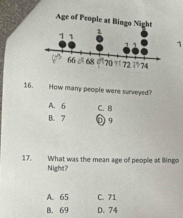 1
16. How many people were surveyed?
A. 6 C. 8
B. 7 D 9
17. What was the mean age of people at Bingo
Night?
A. 65 C. 71
B. 69 D. 74