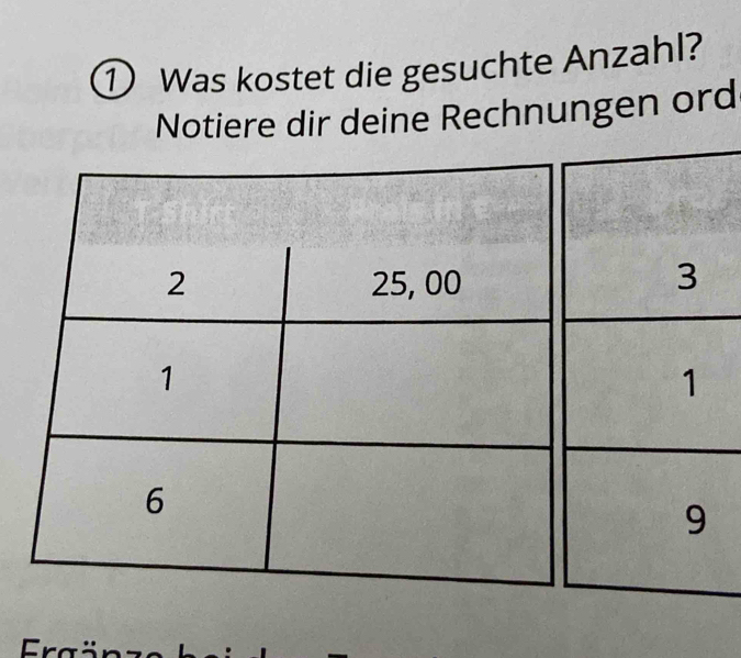 ①Was kostet die gesuchte Anzahl? 
Notiere dir deine Rechnungen ord 
Ergä