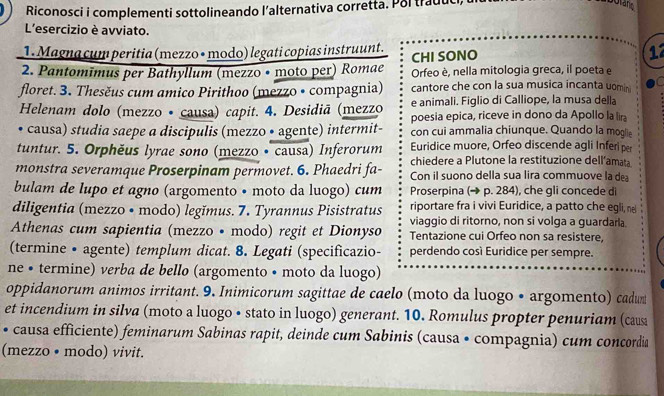 Riconosci i complementi sottolineando l’alternativa corretta. Pol trauuc
L'esercizio è avviato.
1. Magna cum peritia (mezzo • modo) legati copias instruunt. CHI SONO 12
2. Pantomīmus per Bathyllum (mezzo • moto per) Romae Orfeo è, nella mitologia greca, il poeta e
floret. 3. Thesěus cum amico Pirithoo (mezzo • compagnia) cantore che con la sua musica incanta uomini
e animali. Figlio di Calliope, la musa della
Helenam dolo (mezzo • causa) capit. 4. Desidiã (mezzo poesia epica, riceve in dono da Apollo la lira
. causa) studia saepe a discipulis (mezzo • agente) intermit- con cui ammalia chiunque. Quando la moglie
Euridice muore, Orfeo discende agli Inferi per
tuntur. 5. Orphěus lyrae sono (mezzo • causa) Inferorum chiedere a Plutone la restituzione dell’amata
monstra severamque Proserpinam permovet. 6. Phaedri fa- Con il suono della sua lira commuove la dea
bulam de lupo et agno (argomento • moto da luogo) cum Proserpina (→ p. 284), che gli concede di
riportare fra i vivi Euridice, a patto che egli, n
diligentia (mezzo • modo) legĭmus. 7. Tyrannus Pisistratus viaggio di ritorno, non si volga a guardarla.
Athenas cum sapientia (mezzo • modo) regit et Dionyso Tentazione cui Orfeo non sa resistere,
(termine • agente) templum dicat. 8. Legati (specificazio- perdendo così Euridice per sempre.
ne • termine) verba de bello (argomento • moto da luogo)
oppidanorum animos irritant. 9. Inimicorum sagittae de caelo (moto da luogo • argomento) cadum
et incendium in silva (moto a luogo • stato in luogo) generant. 10. Romulus propter penuriam (caus
• causa efficiente) feminarum Sabinas rapit, deinde cum Sabinis (causa • compagnia) cum concordia
(mezzo • modo) vivit.