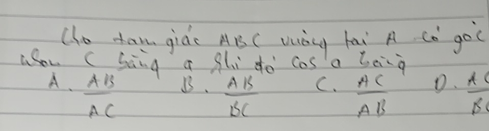 to ta gide AB C vuày hai A Cǒ goC
asou c sang a fli do cas a beng
A.  AB/AC 
1.  AB/BC   AC/BC 
C.  AC/AB 
D.