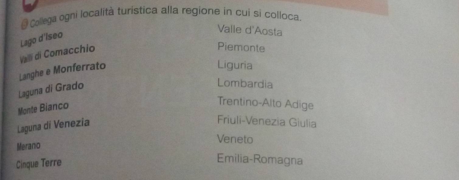 Collega ogni località turistica alla regione in cui si colloca.
Valle d'Aosta
Lago d'Iseo
Valli di Comacchio
Piemonte
Langhe e Monferrato
Liguria
Laguna di Grado
Lombardia
Monte Bianco
Trentino-Alto Adige
Laguna di Venezia
Friuli-Venezia Giulia
Merano
Veneto
Cinque Terre
Emilia-Romagna