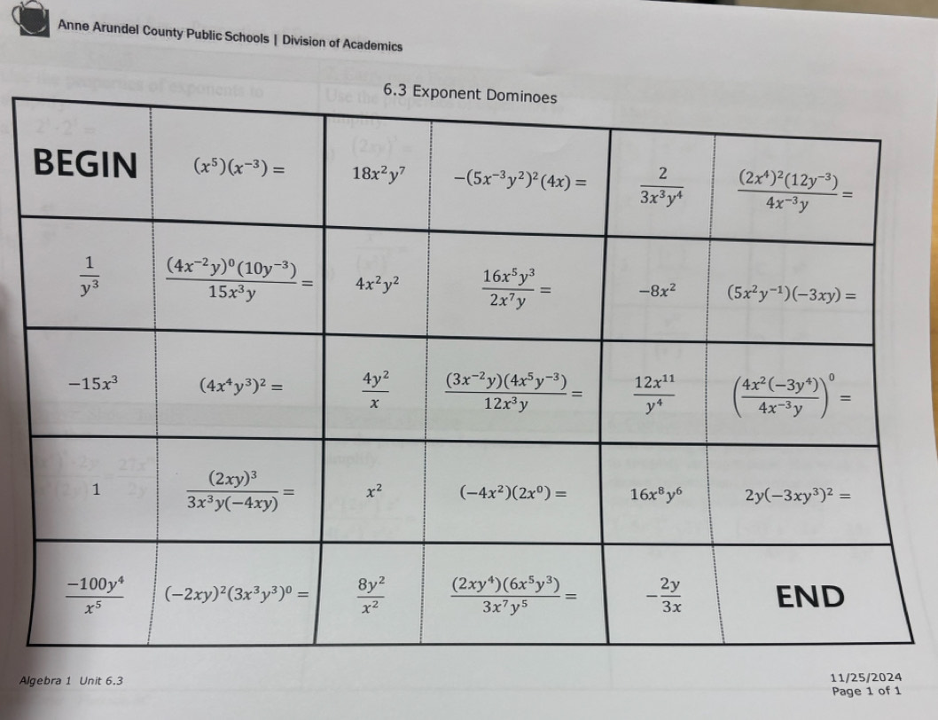 Anne Arundel County Public Schools | Division of Academics
Algebra 1 Unit 6.3 11/25/2024
Page 1 of 1