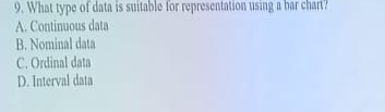 What type of data is suitable for representation using a bar chart?
A. Continuous data
B. Nominal data
C. Ordinal data
D. Interval data