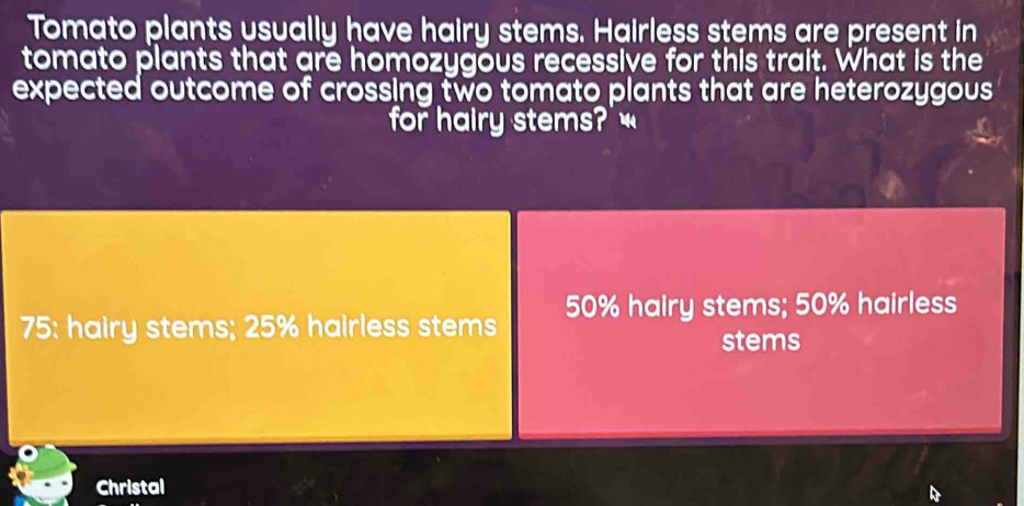 Solved: Tomato plants usually have hairy stems. Hairless stems are ...