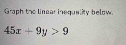 Graph the linear inequality below.
45x+9y>9