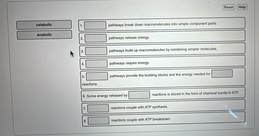 Solved: Reset Help catabolic 1. pathways break down macromolecules into ...