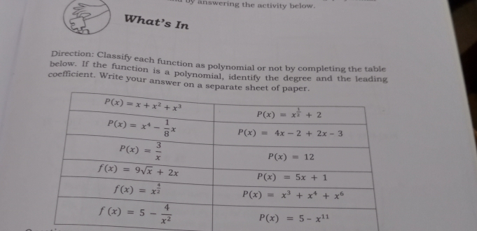 answering the activity below.
What’s In
Direction: Classify each function as polynomial or not by completing the table
below. If the function is a polynomial, identify the degree and the leading
coefficient. Write your answer on a s