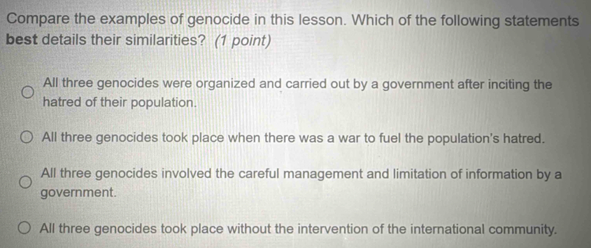 Solved: Compare the examples of genocide in this lesson. Which of the ...