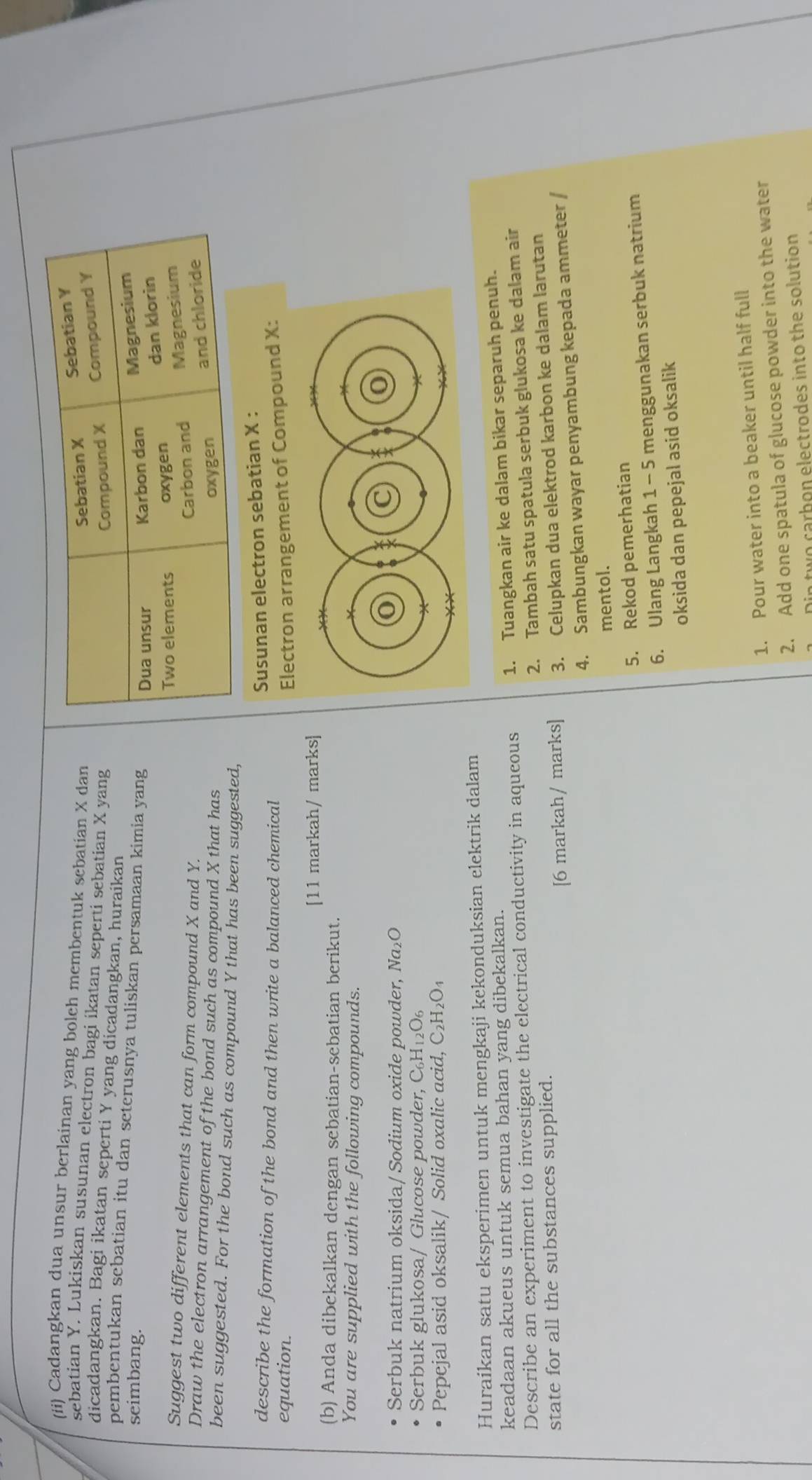 (ii) Cadangkan dua unsur berlainan yang boleh membentuk sebatian X dan
Sebatian X Sebatian Y
sebatian Y. Lukiskan susunan electron bagi ikatan seperti sebatian X yang
dicadangkan. Bagi ikatan seperti Y yang dicadangkan, huraikan
Compound X Compound Y
pembentukan sebatian itu dan seterusnya tuliskan persamaan kimia yang
seimbang. Karbon dan Magnesium
Dua unsur
dan klorìn
Two elements oxygen
Suggest two different elements that can form compound X and Y.
Carbon and Magnesium
Draw the electron arrangement of the bond such as compound X that has
oxygen and chloride
been suggested. For the bond such as compound Y that has been suggested,
Susunan electron sebatian X :
describe the formation of the bond and then write a balanced chemical
equation. Electron arrangement of Compound X:
[11 markah/ marks]
(b) Anda dibekalkan dengan sebatian-sebatian berikut.
You are supplied with the following compounds.
Serbuk natrium oksida/ Sodium oxide powder, No _2C
Serbuk glukosa/ Glucose powder, C_6H_12O_6
Pepejal asid oksalik/ Solid oxalic acid, C₂H₂O₄
Huraikan satu eksperimen untuk mengkaji kekonduksian elektrik dalam
keadaan akueus untuk semua bahan yang dibekalkan.
1. Tuangkan air ke dalam bikar separuh penuh.
Describe an experiment to investigate the electrical conductivity in aqueous 2. Tambah satu spatula serbuk glukosa ke dalam air
[6 markah/ marks] 3. Celupkan dua elektrod karbon ke dalam larutan
state for all the substances supplied.
4. Sambungkan wayar penyambung kepada ammeter /
mentol.
5. Rekod pemerhatian
6. Ulang Langkah 1 - 5 menggunakan serbuk natrium
oksida dan pepejal asid oksalik
1. Pour water into a beaker until half full
2. Add one spatula of glucose powder into the water
Din two carbon electrodes into the solution