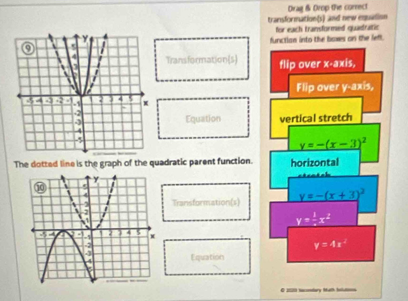 Drag & Drop the correct
transformation(s) and new equalion
for each transformed quadratic
functian into the baxes on the left.
Transformation(s
 
Equation 
The dotted line is the graph of the quadratic parent function. 
Transformation(s)
Equation
O 2020 Nucondary feeth bollaons