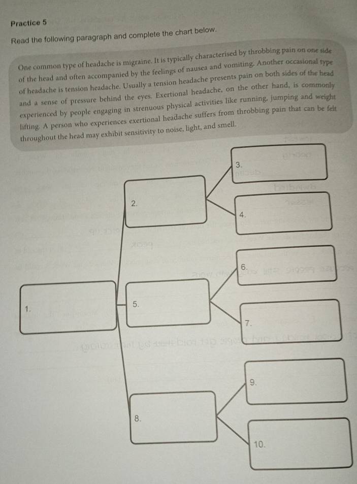 Practice 5 
Read the following paragraph and complete the chart below. 
One common type of headache is migraine. It is typically characterised by throbbing pain on one side 
of the head and often accompanied by the feelings of nausea and vomiting. Another occasional type 
of headache is tension headache. Usually a tension headache presents pain on both sides of the head 
and a sense of pressure behind the eyes. Exertional headache, on the other hand, is commonly 
experienced by people engaging in strenuous physical activities like running, jumping and weight 
lifting. A person who experiences exertional headache suffers from throbbing pain that can be felt 
throughout the head may exhibit sensitivity to noise, light, and smell. 
3. 
2. 
4. 
6. 
1 
5. 
7. 
9. 
8. 
10.