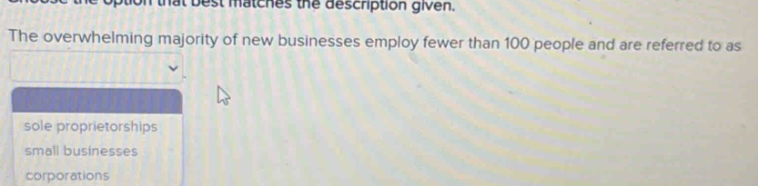 that best matches the description given.
The overwhelming majority of new businesses employ fewer than 100 people and are referred to as
sole proprietorships
small businesses
corporations